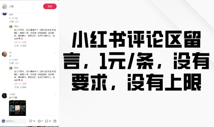 小红书评论区留言,1元条,没有要求,没有上限-宝藏屋创业网