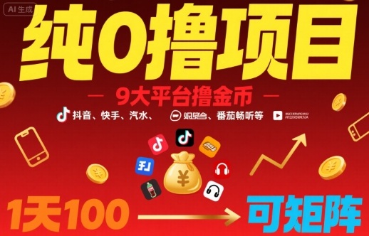 纯0撸项目，9大平台撸金币，抖音，快手，汽水，番茄畅听等，1天100，可矩阵-宝藏屋创业网