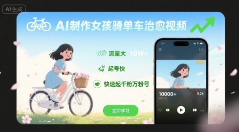 AI制作女孩骑单车治愈视频，流量大，起号快，快速起千粉万粉号-宝藏屋创业网