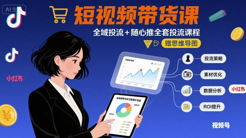 最新短视频带货课，全域投流+随心推全套投流课程+思维导图-宝藏屋创业网