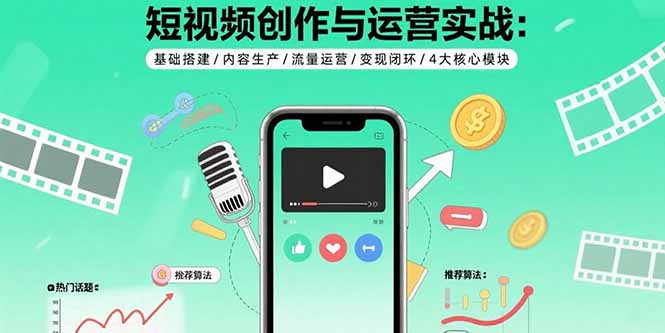 短视频创作与运营实战：基础搭建/内容生产/流量运营/变现闭环/4大核心模块-宝藏屋创业网