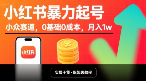 小红书暴力起号，小众赛道，0基础0成本，月入1w-宝藏屋创业网