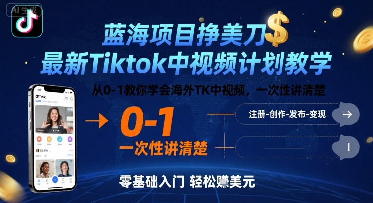 蓝海项目挣美刀，最新Tiktok中视频计划教学，从0-1教你学会海外TK中视频，一次性讲清楚-宝藏屋创业网