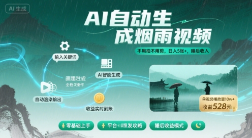 不用拍不用剪！AI自动生成烟雨视频，日入5张+，睡后收入-宝藏屋创业网