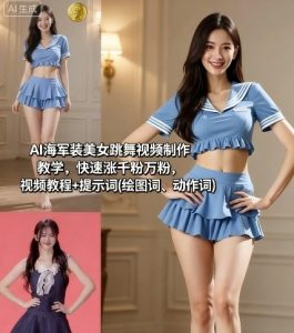 AI海军装美女跳舞视频制作教学,快速涨千粉万粉,视频教程+提示词(绘图词、动作词)-宝藏屋创业网