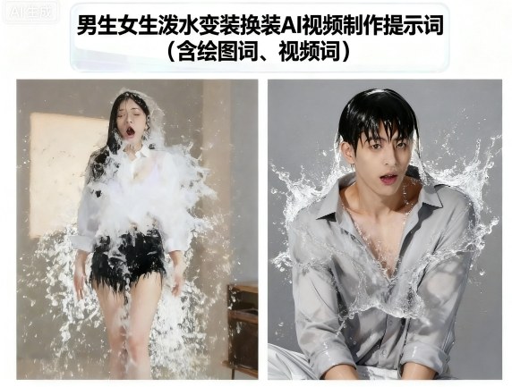 https://wc.yk520.top/wp-content/uploads/2025/09/20250916011447-68c8ba07f3c8a.jpeg 男生女生泼水变装换装AI视频制作提示词(含绘图词、视频词)