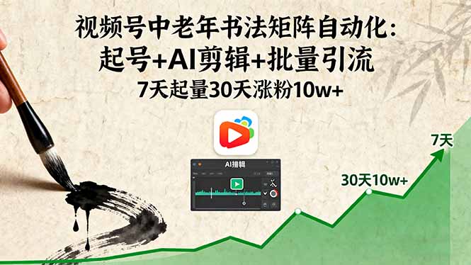 视频号中老年书法矩阵自动化：起号+AI剪辑+批量引流 7天起量30天涨粉10w+-宝藏屋创业网