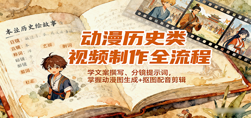 https://wc.yk520.top/wp-content/uploads/2025/09/20250919101034-68cd2c1a8f257.png 动漫历史类视频制作全流程,学文案撰写、分镜提示词,掌握动漫图生成+抠图配音剪辑