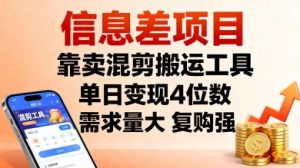信息差项目,靠卖混剪搬运工具,单日变现4位数,需求量大,复购强,操作简单,几分钟一条视频-宝藏屋创业网