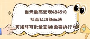 当天最高变现1k+，抖音私域新玩法，可矩阵可批量复制-宝藏屋创业网