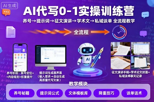 https://wc.yk520.top/wp-content/uploads/2025/09/20250924021029-68d3531541c53.jpeg AI代写0-1实操训练营,从养号、提示词、征文演讲、学术文,到私域谈单的全流程教学