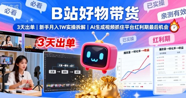 https://wc.yk520.top/wp-content/uploads/2025/09/20250925081104-68d4f918e56d1.jpeg B站好物带货,3天出单,新手月入1W实操拆解,AI生成视频,抓住平台红利期最后机会