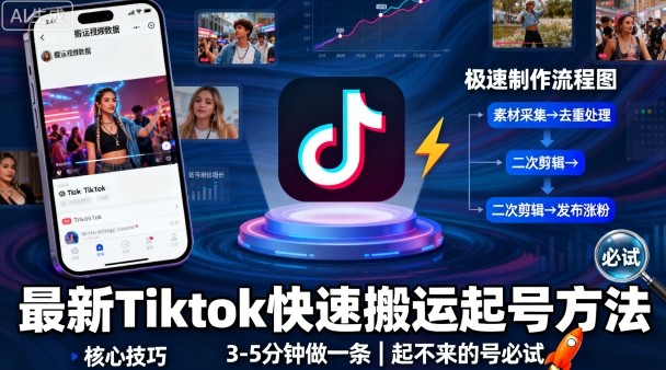 最新Tiktok快速搬运快速起号方法，3-5分钟做一条，起不来的号可以试试-宝藏屋创业网