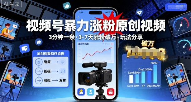 视频号暴力涨粉原创视频，3分钟一条原创视频，3-7天涨粉破万，玩法分享给你-宝藏屋创业网
