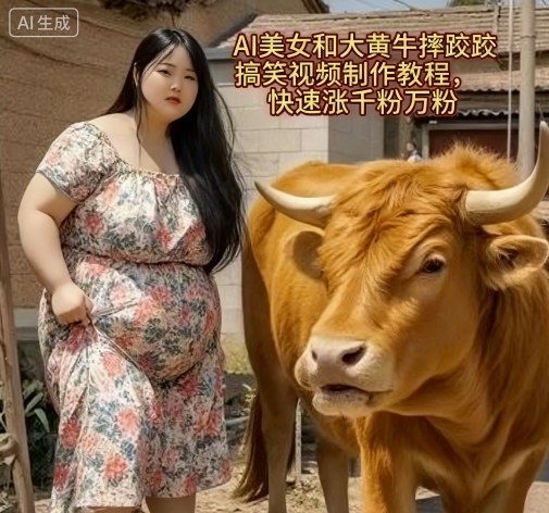 AI美女和大黄牛摔跤搞笑荒诞视频制作教程，快速涨千粉万粉-宝藏屋创业网