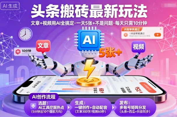 https://wc.yk520.top/wp-content/uploads/2025/09/20250928061106-68d8d17ab51f8.jpeg 头条搬砖最新玩法,文章+视频用AI全搞定,一天5张+不是问题,每天只需10分钟