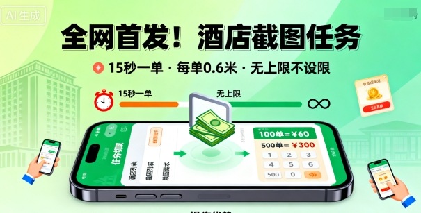 全网首发！酒店截图任务，15秒一单，每单0.6米，任务无上限不设限，矩阵操作单日3张到手【揭秘】-宝藏屋创业网