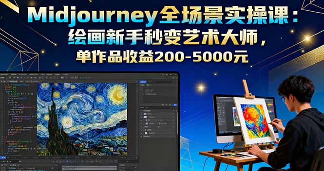 https://wc.yk520.top/wp-content/uploads/2025/09/20250929042030-68da090eec965.jpeg Midjourney全场景实操课:绘画新手秒变艺术大师,单作品收益200-5000元