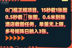 0门槛正规项目,15秒截1张图,0.6米到账,酒店截图任务,单量无上限,多号矩阵日躺入3张【揭秘】-宝藏屋创业网