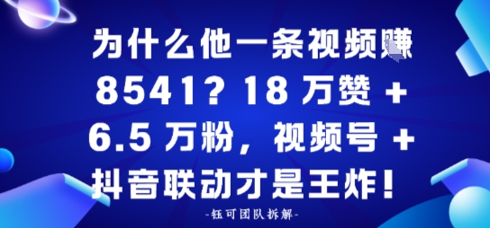 为什么他一条视频賺8541？18万赞+6.5 W粉，视频号+抖音联动才是王炸！-宝藏屋创业网