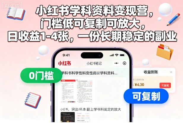 小红书学科资料变现营，门槛低可复制可放大，日收益1-4张，一份长期稳定的副业-宝藏屋创业网