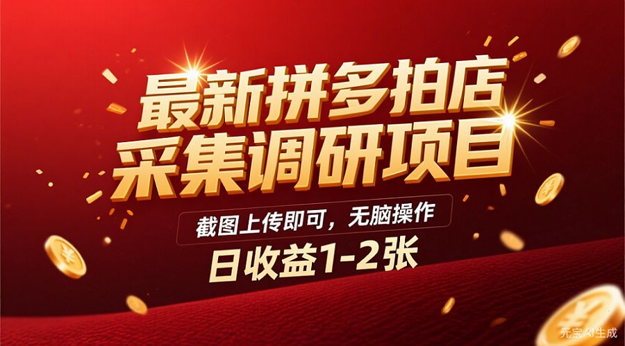 最新拼多多拍店采集调研项目，截图上传即可，无脑操作，日收益1-2张-宝藏屋创业网