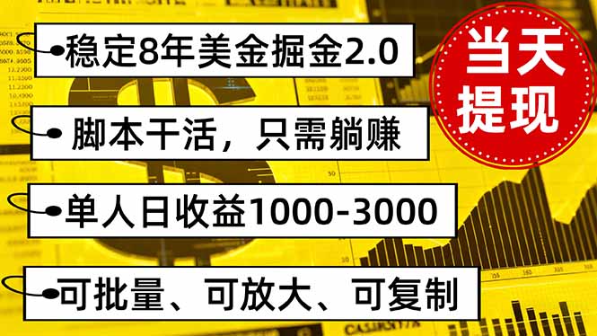 稳定8年美金掘金2.0脚本干活,只需躺赚。单人日收益1000-3000可批量、…