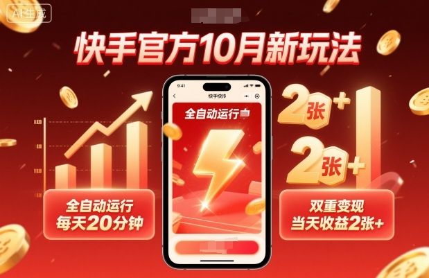 快手官方10月新玩法，全自动运行，每天20分钟，双重变现，当天收益2张+-宝藏屋创业网