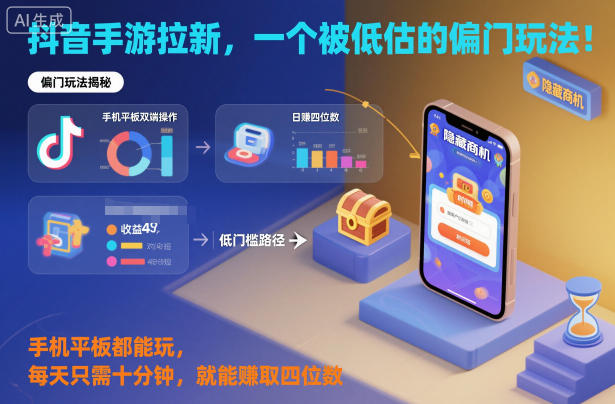 抖音手游拉新，一个被低估的偏门玩法！手机平板都能玩，每天只需十分钟，就能賺取四位数【揭秘】-宝藏屋创业网