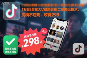 11月抖音某大V最新影视二创搬运技术，洗稿不违规，收费298-宝藏屋创业网