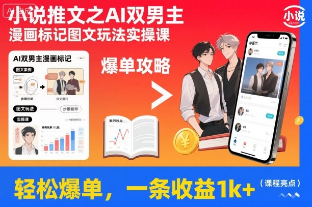 小说推文之AI双男主漫画标记图文玩法实操课，轻松爆单，一条收益1k+-宝藏屋创业网