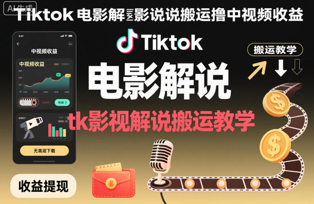 Tiktok电影解说搬运撸中视频收益，tk影视解说搬运教学-宝藏屋创业网