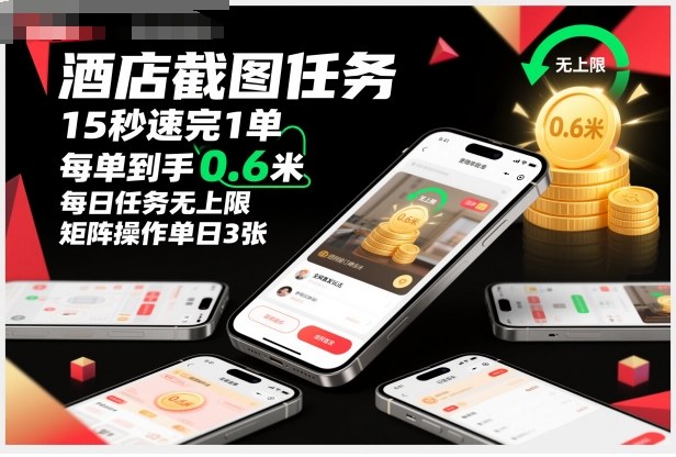 酒店截图任务，15秒速完1单，每单到手0.6米，每日任务无上限，全网首发玩法，矩阵操作单日3张【揭秘】-宝藏屋创业网