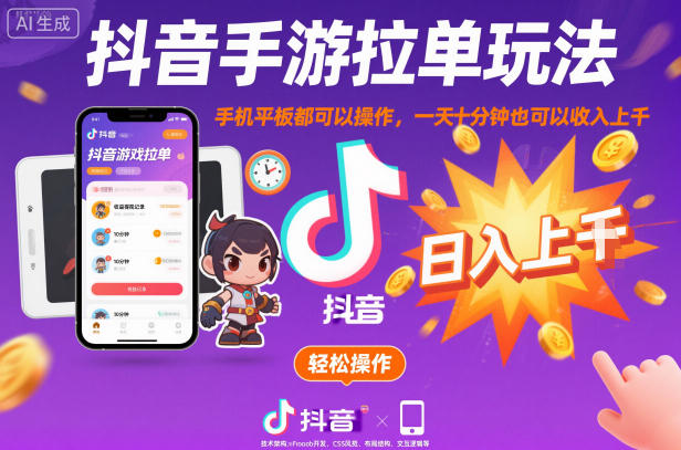 抖音手游拉单玩法，手机平板都可以操作，一天十分钟也可以收入上K【揭秘】-宝藏屋创业网