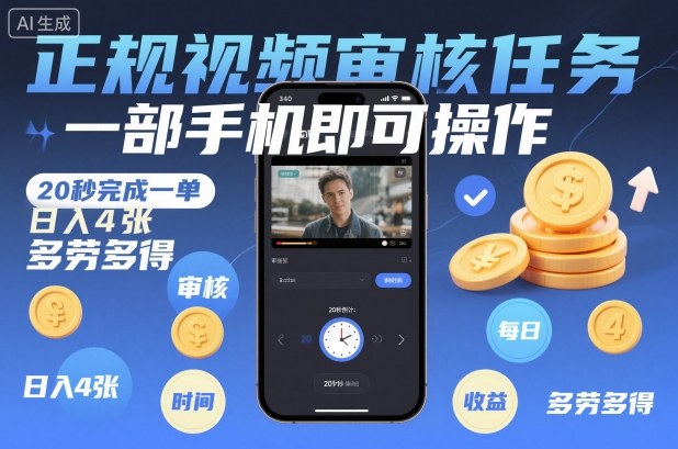 正规视频审核任务,一部手机即可操作,20秒完成一单,日入4张,多劳多得【揭秘】-宝藏屋创业网