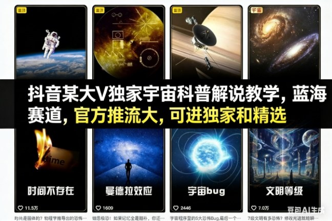 抖音某大V独家宇宙科普解说教学，蓝海赛道，官方推流大，可进独家和精选-宝藏屋创业网
