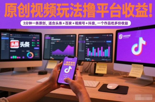 原创视频玩法撸平台收益，3分钟一条原创，适合头条+百家+视频号+抖音，一个作品吃多份收益-宝藏屋创业网