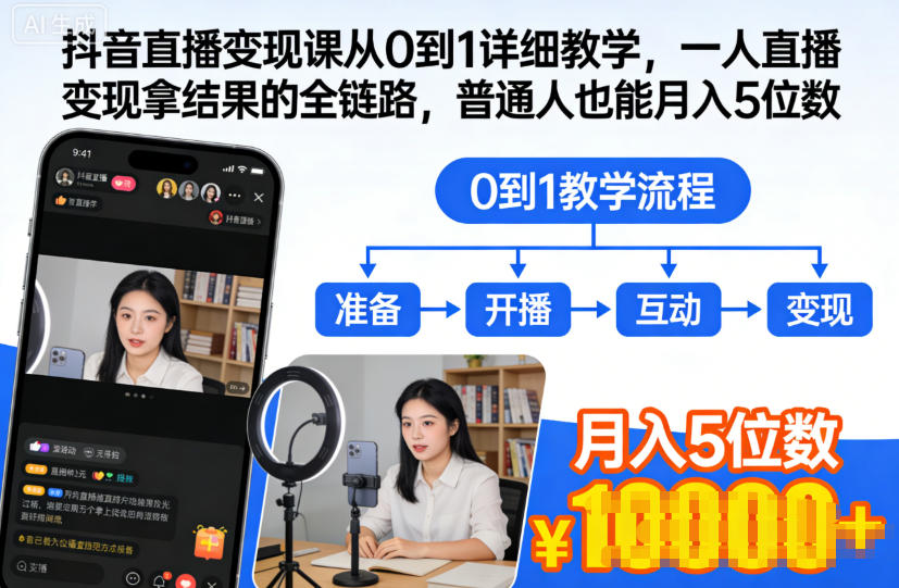 抖音直播变现课从0到1详细教学,一人直播变现拿结果的全链路,普通人也能月入5位数-宝藏屋创业网