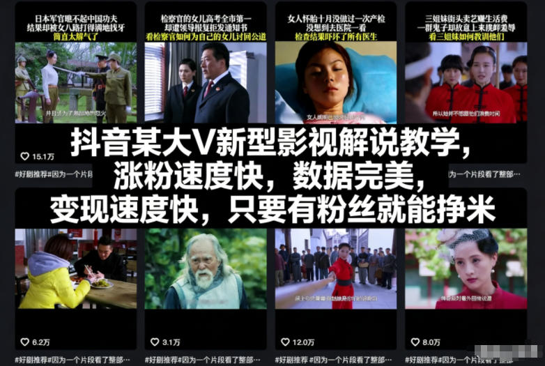 抖音某大V新型影视解说教学，涨粉速度快，数据完美，变现速度快，只要有粉丝就能挣米-宝藏屋创业网