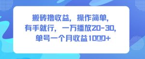搬砖撸收益,操作简单,有手就行,一万播放20-30,单号一个月收益1k+-宝藏屋创业网