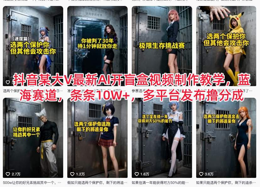 抖音某大V最新AI开盲盒视频制作教学,蓝海赛道,条条10W+,多平台发布撸分成-宝藏屋创业网