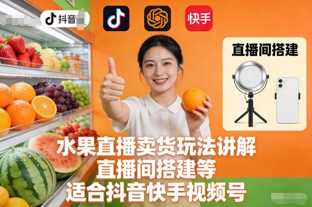 水果直播卖货玩法讲解、直播间搭建等，适合抖音快手视频号-宝藏屋创业网