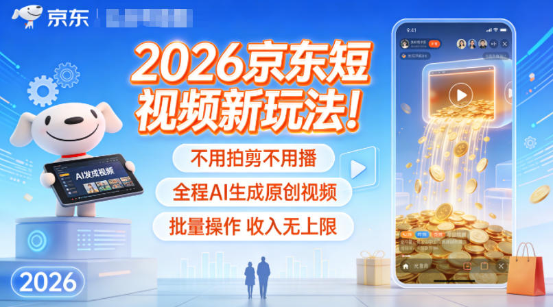 2026京东短视频新玩法！不用拍剪不用播，全程AI生成原创视频，批量操作收入无上限-宝藏屋创业网