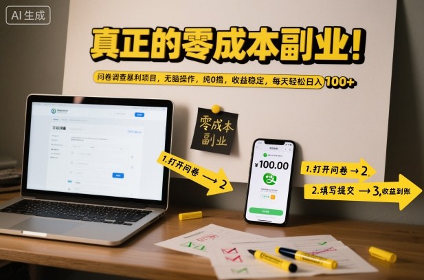 真正的零成本副业！问卷调查暴利项目，无脑操作，纯0撸，收益稳定，每天轻松日入100+【揭秘】-宝藏屋创业网