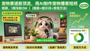 宠物赛道新顶流，用AI制作宠物播客短视频，1周涨粉2W（视频+提示词+变现方法）-宝藏屋创业网