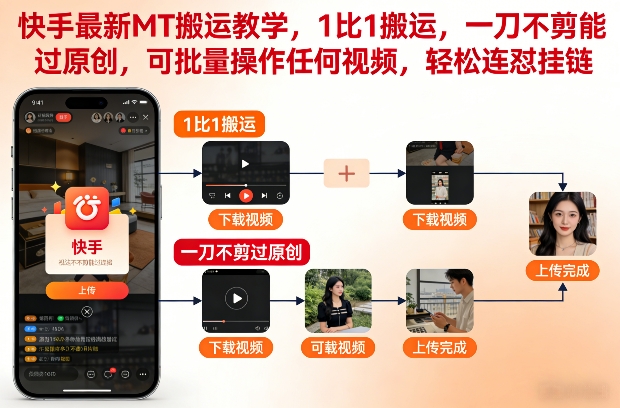 快手最新MT搬运教学,1比1搬运,一刀不剪能过原创,可批量操作任何视频,轻松连怼挂链-宝藏屋创业网