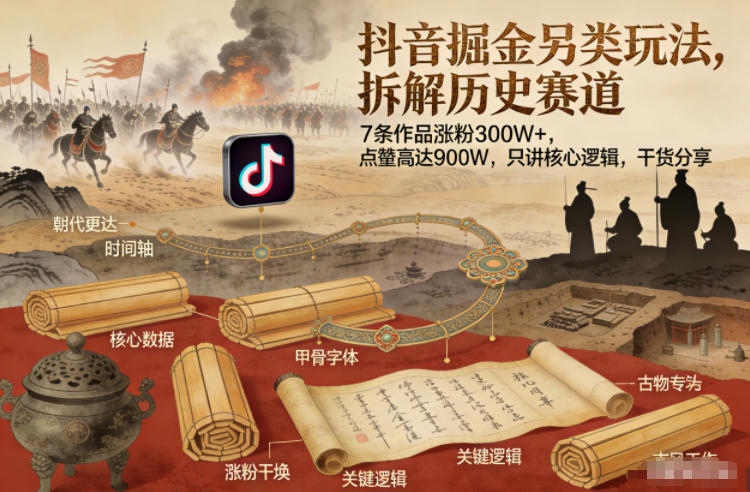 抖音掘金另类玩法，拆解历史赛道，7条作品涨粉300W+，点赞量高达900W，只讲核心逻辑，干货分享-宝藏屋创业网