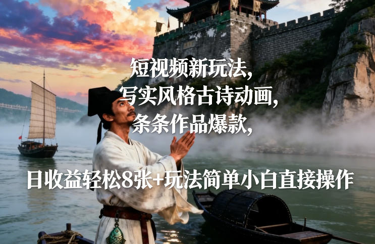 短视频新玩法，写实风格古诗动画，条条作品爆款，日收益轻松8张+玩法简单小白直接操作-宝藏屋创业网