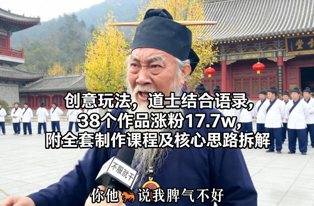 创意玩法，道士结合语录，38个作品涨粉17.7w，附全套制作课程及核心思路拆解-宝藏屋创业网
