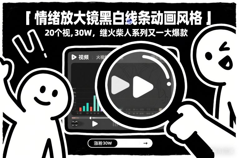 情绪放大镜黑白线条动画风格，20个视频，涨粉30W，继火柴人系列又一大爆款-宝藏屋创业网